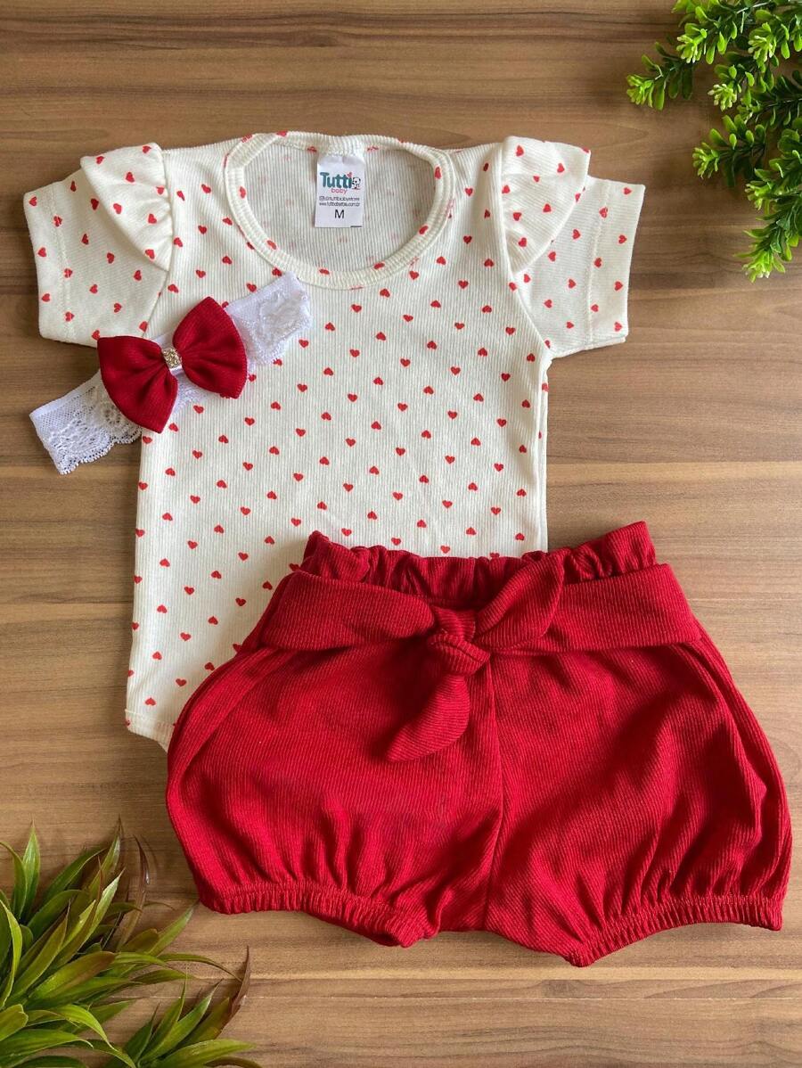 Baby Girl Set Bodysuit + Shorts + Headband - 紅白色 - 查看 1