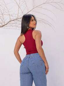 Cropped TOP Women's Basic Ribbed Tank Top And Straps With Neckline New Fashion Elegant - Màu Đỏ Sâu - Xem 2