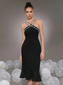 New Sexy Spaghetti Strap Rhinestone Embellished Black Midi Fishtail Dress, Fashion Women's Party Holiday Dress - Black - View 1