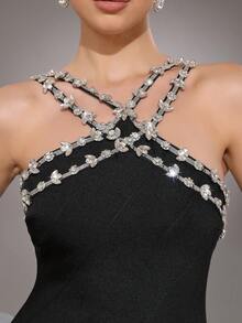 New Sexy Spaghetti Strap Rhinestone Embellished Black Midi Fishtail Dress, Fashion Women's Party Holiday Dress - Black - View 9