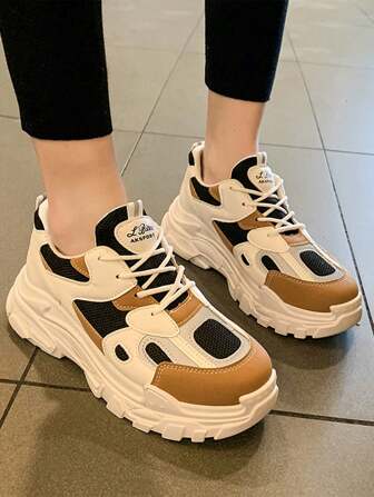 全新圆头系带拼色网眼透气潮流时尚都市户外运动休闲女鞋