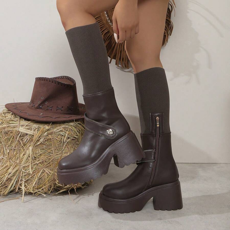 New Brown Ladies Autumn/Winter Fashionable Slip-On Zip-Up Two-Way Wear Anti-Slip Thick Sole Outdoor Casual Mid-Calf Boots, Foldable Elastic Cuff Boots, Zipper Decoration, Round Toe, 3.5 Inch Heel, 1.5 Inch Platform