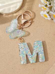 1pc Creative Keychain With Letter Stone Resin Pendant, Butterfly Tassel Letter Charm Keyring For Girls - White - View 34