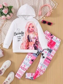 2pcs/Set Casual Fashion Printed Raglan Hoodie & Floral Pants Set For Tween Girl, Autumn/Winter - Multicolor - View 1