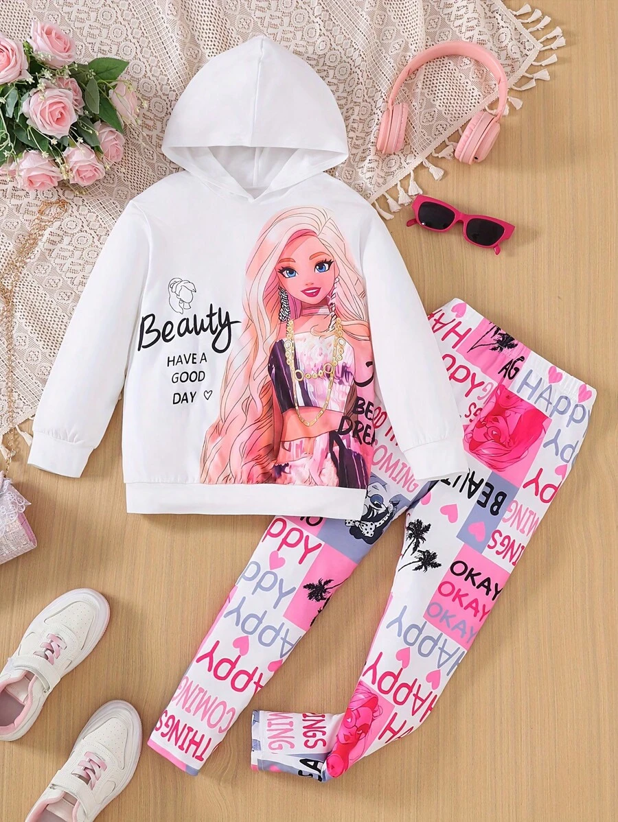 2pcs/Set Casual Fashion Printed Raglan Hoodie & Floral Pants Set For Tween Girl, Autumn/Winter - Multicolor - View 1