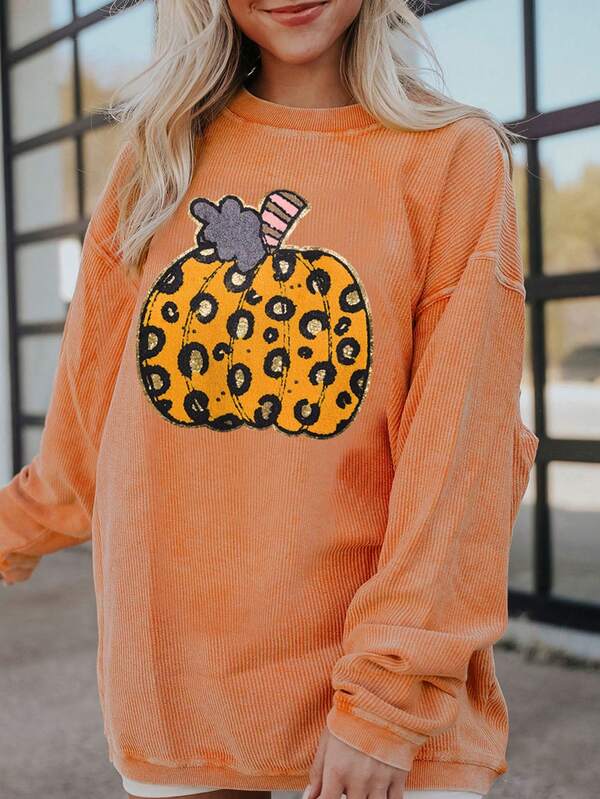 Women's Orange Crinkle Ribbed Halloween Leopard Pumpkin Graphic Sweatshirt