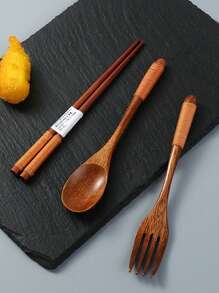 3件套木制餐具套装，木制便捷餐具勺筷叉，厨房，圣诞礼物，学校用品