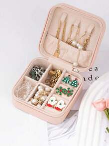 1 件长方形 PU 珠宝收纳盒，便携式珠宝整理盒，梳妆台收纳盒，夏季旅行珠宝盒，便携式多格旅行珠宝展示盒，收纳礼盒，户外旅行用品，带纽扣封口，美丽的国际风格，适合旅行和家居使用，适合女孩、礼物、节日、婚礼 - 粉紅色 - 查看 10