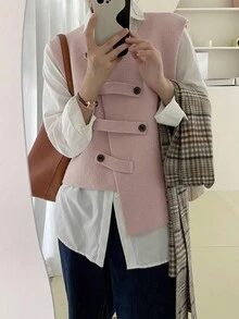 Alicedudu 女款秋冬不对称设计纽扣环简约毛衣背心 - 粉色 - 查看 4