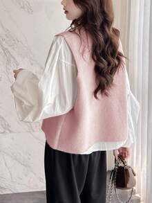 Alicedudu 女款秋冬不对称设计纽扣环简约毛衣背心 - 粉色 - 查看 3