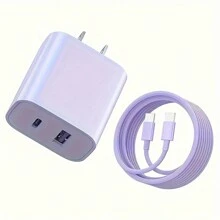 USB-C Wall Charger With Cable, Dual-Port IP Phone Charger 20W PD+OC3.0 Power Adapter, Fast Charging Plug And Cable. - Purple - View 1