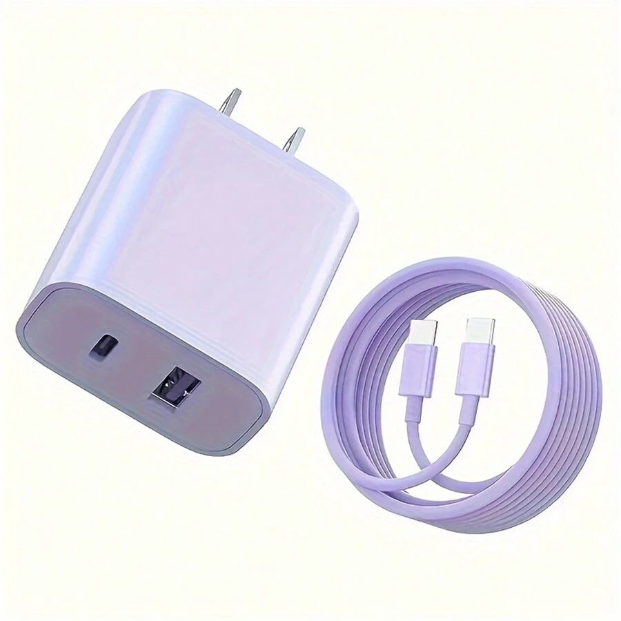 USB-C Wall Charger With Cable, Dual-Port IP Phone Charger 20W PD+OC3.0 Power Adapter, Fast Charging Plug And Cable. - Purple - View 1