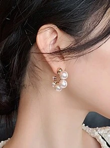 1 Pair Elegant Vintage Classic Faux Pearl Hoop Earrings, For Women Holiday, Birthday, Dinner, Party, Travel, Casual Wear - White - View 6