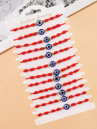 Set de 12 pulseras elegantes y versátiles con ojo de diablo de color rojo suerte, adecuadas para uso diario de hombres y mujeres, hermoso regalo (con tarjeta de papel)