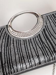 新款设计水钻装饰小方形手拿包，女士晚会单肩包，新娘婚礼手提包，优雅高端，适合婚礼、派对、生日、礼物、俱乐部和夜间活动 - 黑色 - 查看 4