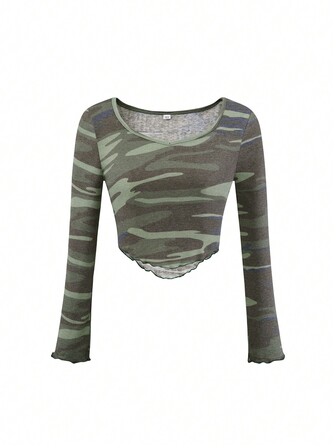 Blusa de manga larga con estampado de camuflaje acanalado para adolescentes