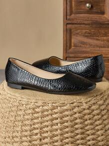 Women Square Toe Flat Slip-On Casual Dress Shoes, Black, For Office Work & Daily Wear