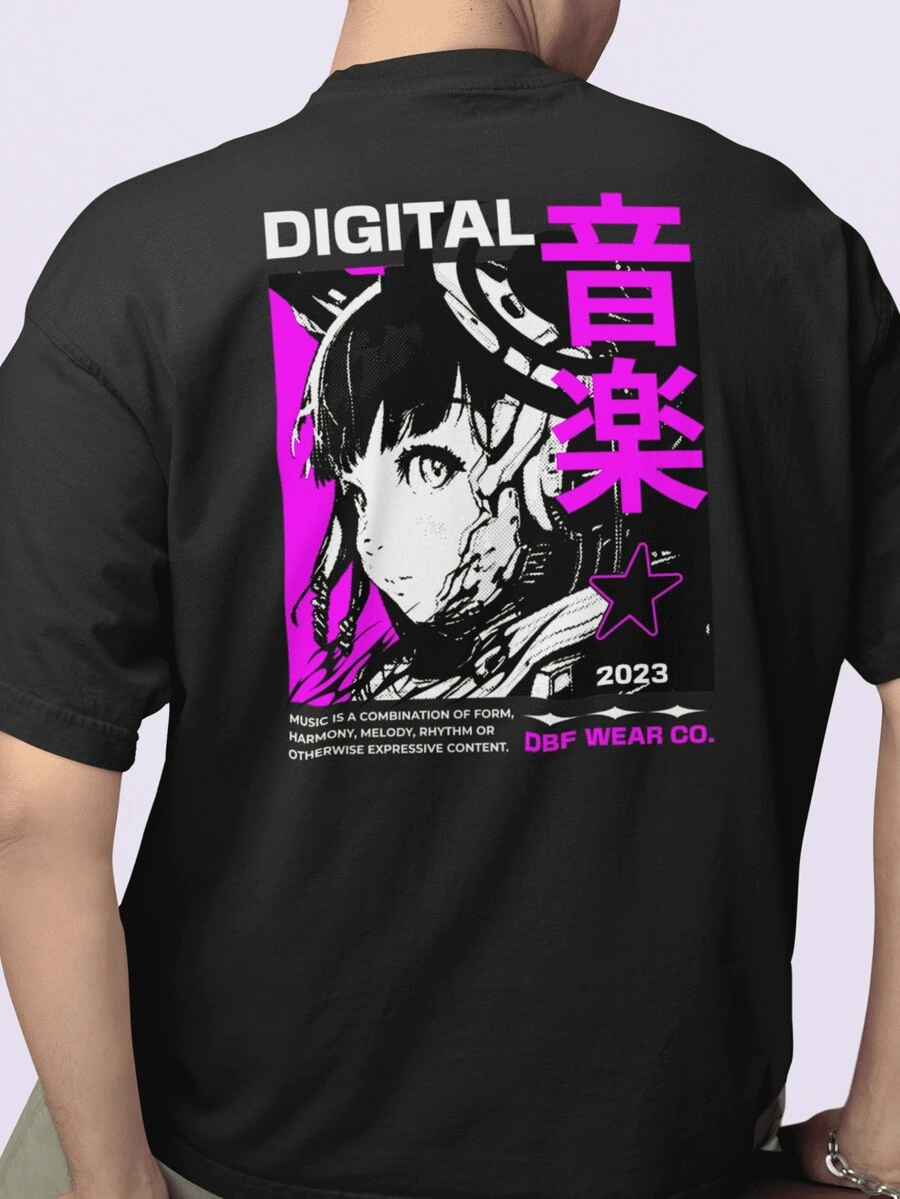 Men's Unisex 100% Cotton Crew Neck T-Shirt Streetwear Street Style Round Neck Big Print Anime Digital Tokyo Manga Tops - 黑色 - 查看 1