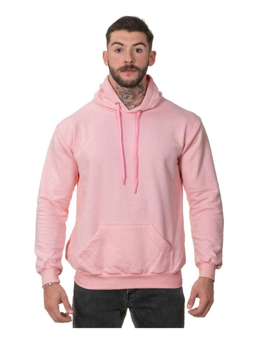 Men's Plain Sweatshirt Cold Weather Top With Hood - 玫瑰紅 - 查看 1