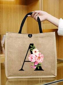 两件套，包含一个粉色花朵黑色字母亚麻手提包（可定制姓名首字母）和一个配套小包，简约优雅，可作为伴娘婚礼礼物、化妆包或旅行收纳包。 - 卡其色 - 查看 8