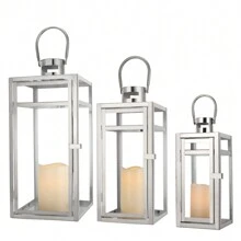 Stainless Steel Lantern Set Of 3, 19" Tall Metal Hanging Lanterns With Clear Glass Panels, Indoor & Outdoor Home Decor - 銀色 - 查看 2