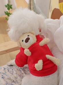 可爱熊图案宠物狗运动衫，保暖内衬，适合小型犬，秋冬季 - 紅色 - 查看 6