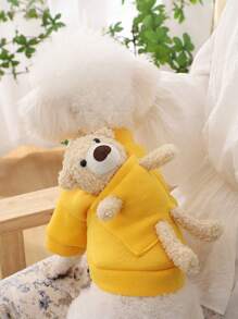 可爱熊图案宠物狗运动衫，保暖内衬，适合小型犬，秋冬季 - 紅色 - 查看 4