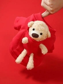 可爱熊图案宠物狗运动衫，保暖内衬，适合小型犬，秋冬季 - 紅色 - 查看 3