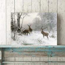 1pc Framed Vintage Deer Painting Winter Landscape Canvas Print Wall Art Mystic Forest Mountain Landscape With Deer Nature Wilderness Poster Modern Art Rustic Scenic For Living Room Bedroom Holiday Prints - White - View 1