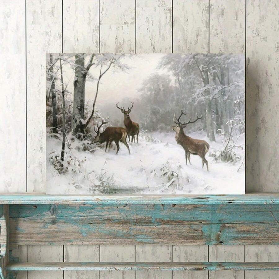 1pc Framed Vintage Deer Painting Winter Landscape Canvas Print Wall Art Mystic Forest Mountain Landscape With Deer Nature Wilderness Poster Modern Art Rustic Scenic For Living Room Bedroom Holiday Prints - White - View 1