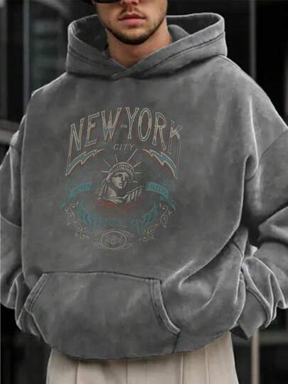 Men's Plus Size Vintage Printed Casual Hoodie, Autumn/Winter, 2000s Style, Long Sleeve Top