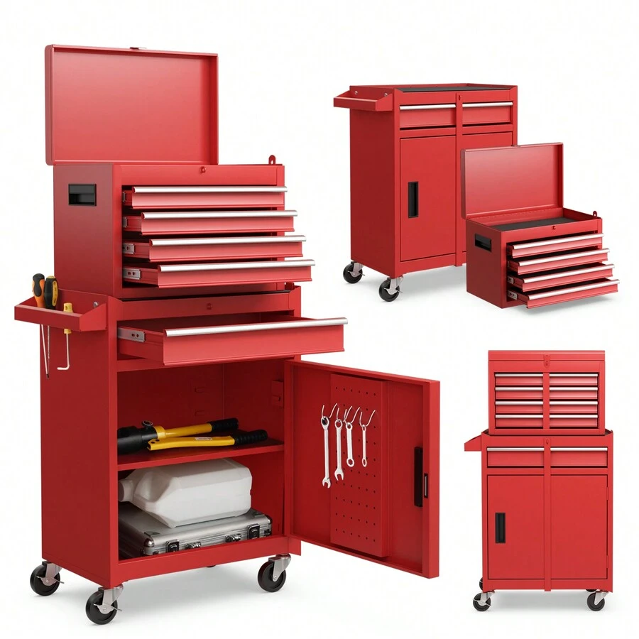 5-Drawer Rolling Tool Chest, High Capacity Tool Storage Cabinet W/ Lockable Wheels, Adjustable Shelf & Anti-Slip Liner, Removable Tool Box Organizer For Garage, Workshop - Red - View 1