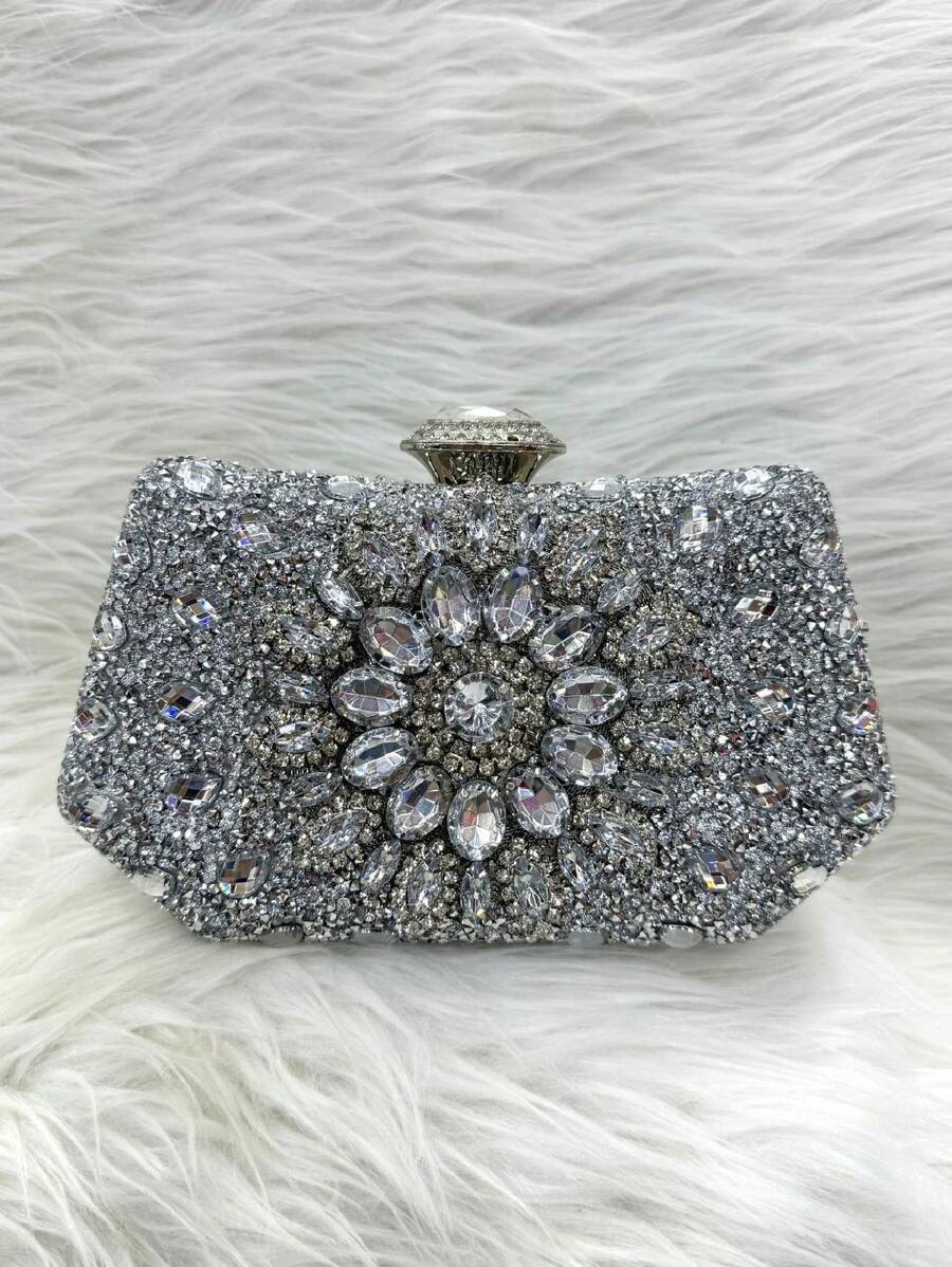 Glittery Pearl Party Bag Crossbody Strap With Wallet Closure With Chain Strap Removable Chain Hand Strap Studded With Stones - 銀色 - 查看 1