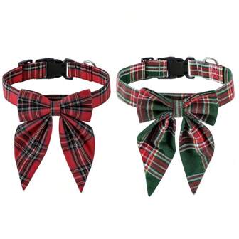 1pc Pet Collar, Christmas Accessory, Multicolor Plaid Pet Collar With Bowknot, Fit For Small, Medium And Large Pets