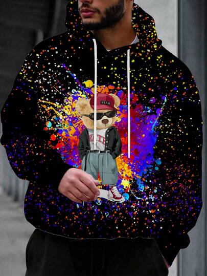 Men Graphic Hooded Sweatshirt With Cool Bear & Sunglasses Print, Casual Design, Stretchy Fabric, Comfortable For Spring And Autumn, Long Sleeve Top