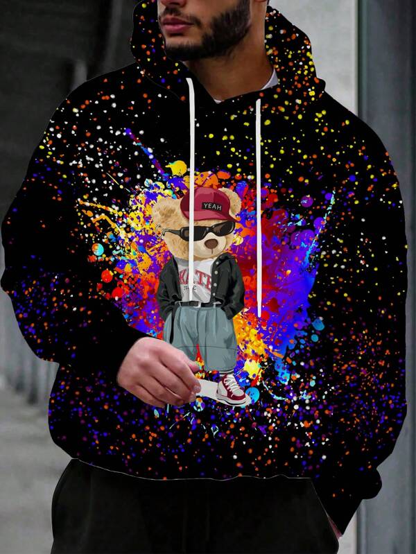 男士印花连帽卫衣，酷炫小熊和太阳镜图案，休闲设计，弹力面料，适合春秋季穿着，长袖上衣