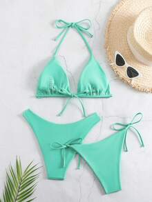 3 件套纯色女式分体式泳衣夏季 - 薄荷綠 - 查看 2