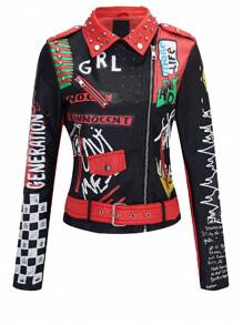 Faux Women's Leather Jacket  Studded Studded  Floral Motorcycle Biker Coat - 黑色 - 查看 1