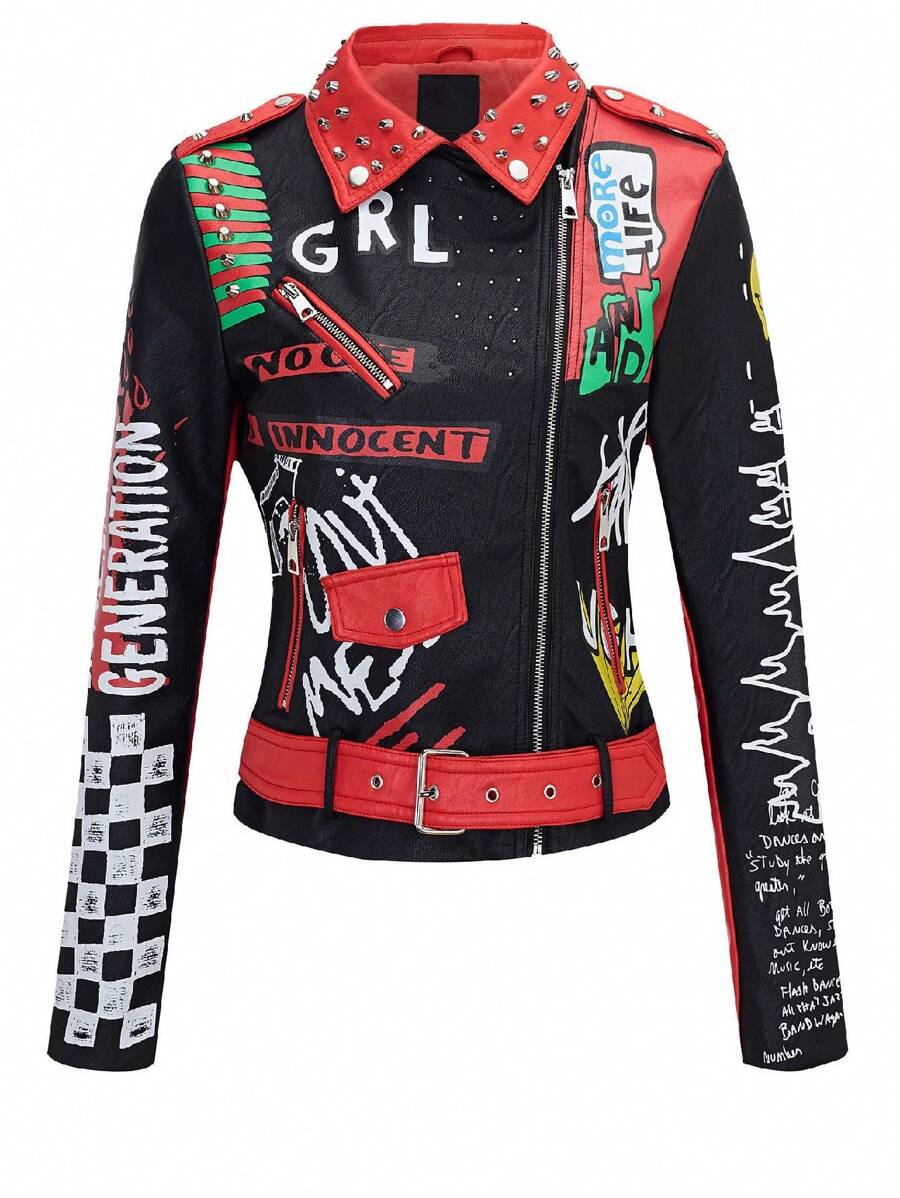 Faux Women's Leather Jacket  Studded Studded  Floral Motorcycle Biker Coat - 黑色 - 查看 1