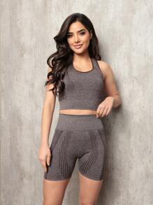 Seamless High Waist Butt Lifting Sportswear Gym Set - 棕色 - 查看 2