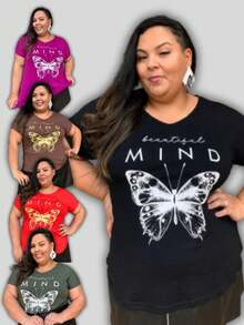 Plus Size Butterfly Print T-Shirt V-Neck GG G1 G2 G3, Lightweight Fabric, Great Fit And Comfort, Women's Blouse - màu đen - Xem 6