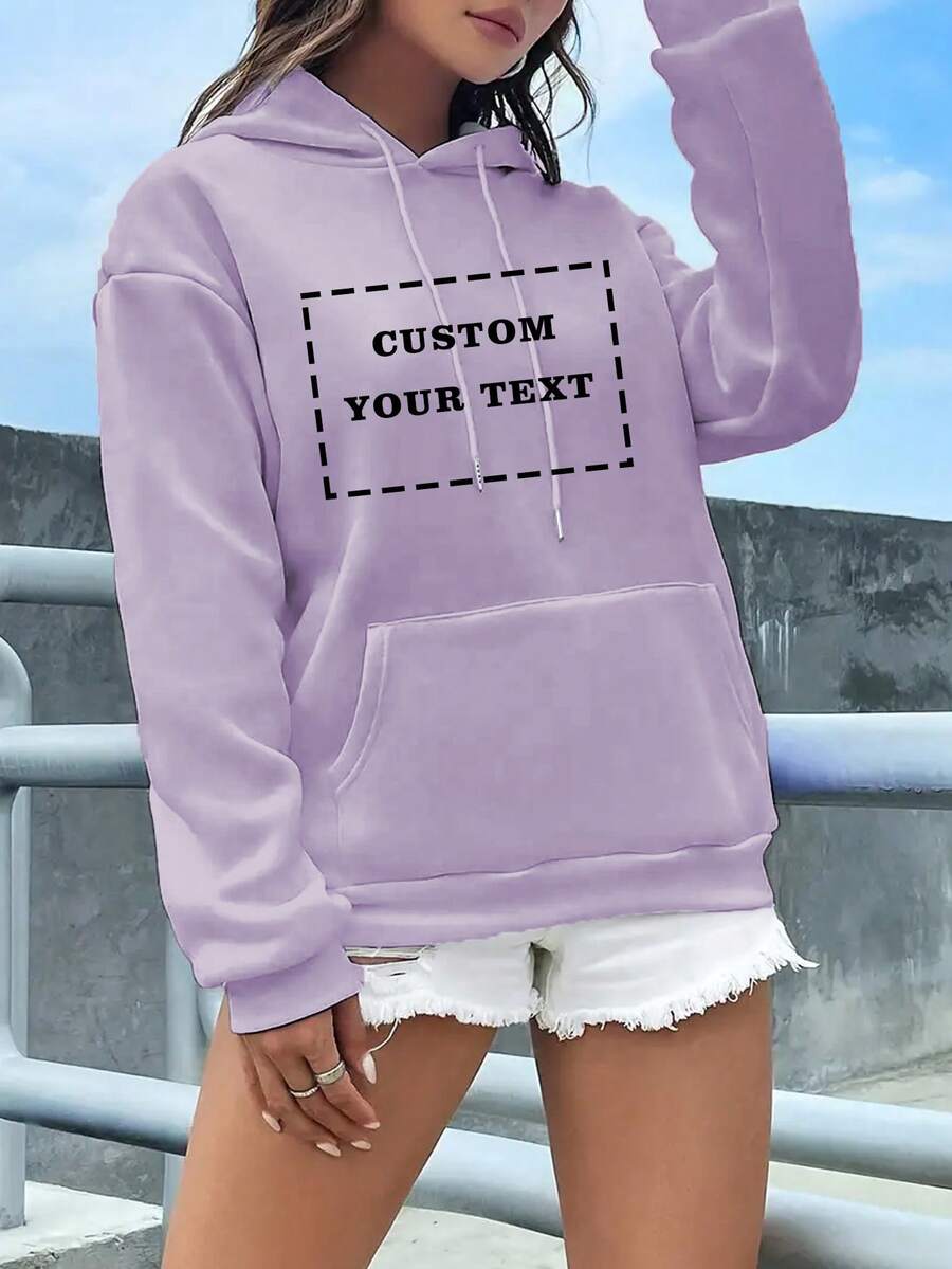女士休闲定制印花抽绳连帽羊毛运动衫，秋冬 - 淡紫色 - 查看 1