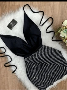 Women's Set: Multi-Shape Bodysuit Short Skirt Party Rhinestones - Black - View 2