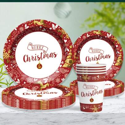 60pcs/Set Red Christmas Themed Disposable Party Supplies Set, Including Disposable Paper Cups, 9in/7in Disposable Paper Plates, Dessert Plates, Cold Drink & Coffee Cups, Merry Christmas, Merry Christmas,