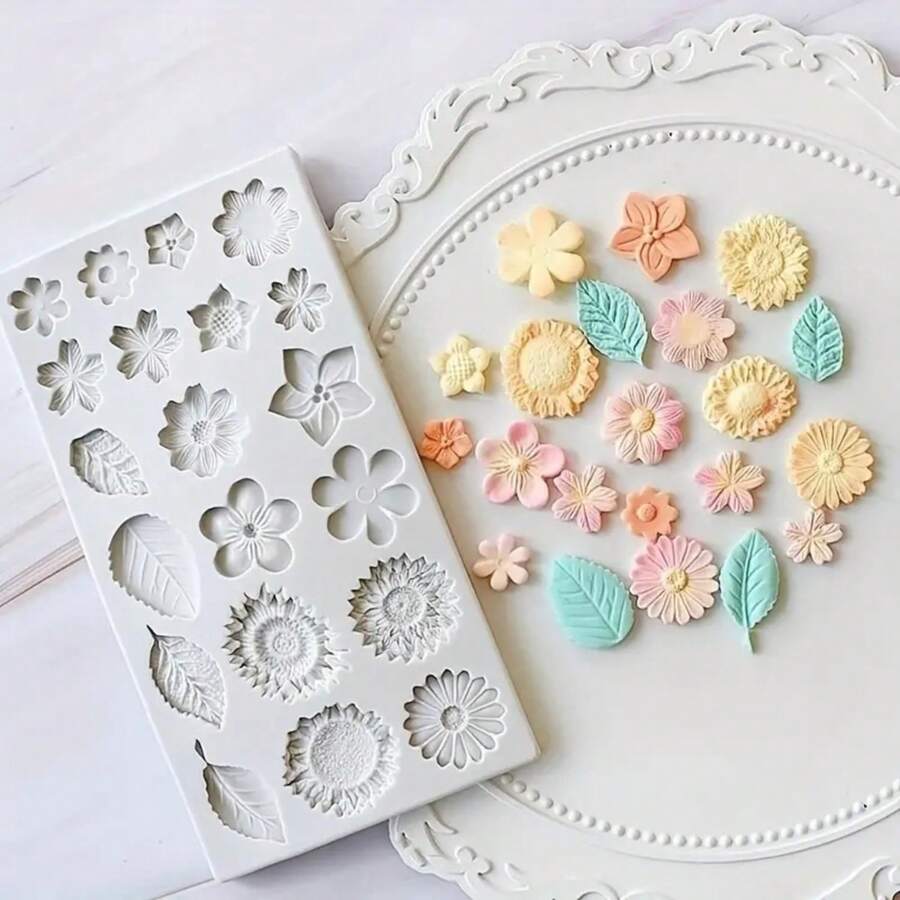 1 Khuôn silicon fondant hình hoa và lá DIY thủ công Khuôn bánh sô cô la Dụng cụ trang trí bánh Phụ kiện nhà bếp Đồ nướng - Xám - Xem 1