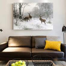 1pc Framed Vintage Deer Painting Winter Landscape Canvas Print Wall Art Mystic Forest Mountain Landscape With Deer Nature Wilderness Poster Modern Art Rustic Scenic For Living Room Bedroom Holiday Prints - White - View 5