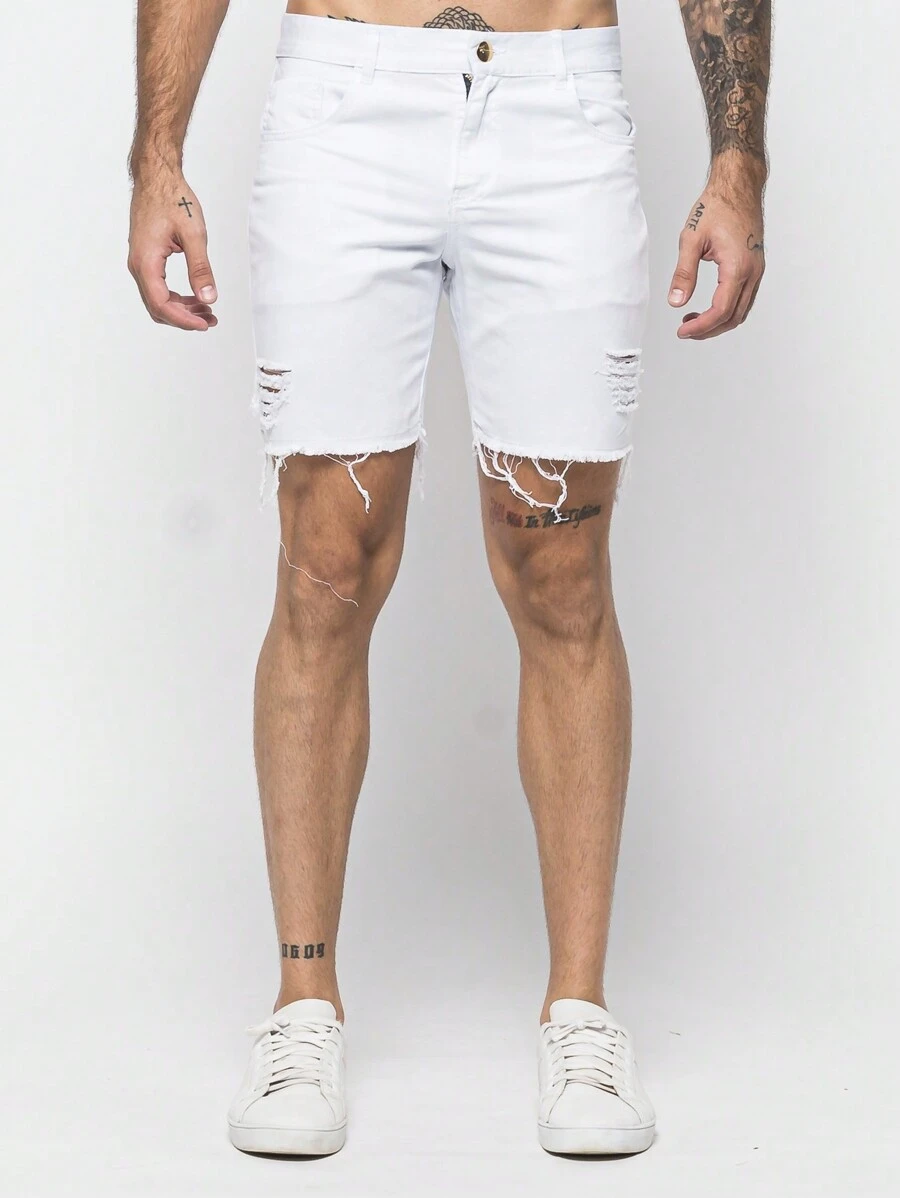 Men's Bermuda Shorts Slim Fit Ripped Jeans Direct From The Factory Promotion - trắng - Xem 1
