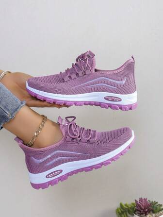 New Purple Solid Color Women's Sneakers, Knitted, Breathable, Suitable For School, Office, Running, Lightweight, Fitness, Hiking, Party, Dining, Shopping, Dating, Fashion Casual Flat Shoes