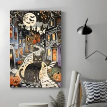 1Pc Framed Canvas Wall Art Poster Vintage Halloween Black Cat Folk Art Print  Halloween Town Wall Art, Halloween Pumpkin Artwork, Halloween Decor For Home, Halloween Poster - Black - View 5