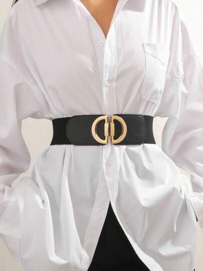 1pc Women's Black & Golden Buckle Elastic Waist Belt, Gothic Style Elastic Cinch Belt For Dress, Shirt, Casual Wear Halloween Summer, School Fall, Autumn, Halloween